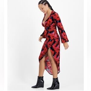 Bar III Two Piece Floral Velvet Dress Set With High Low Skirt & Plunge Neck L/M